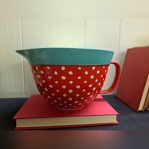Pioneer Woman Batter Mixing Bowl Turquoise/Red Polka Dot Stoneware 2.83 QT Spout
